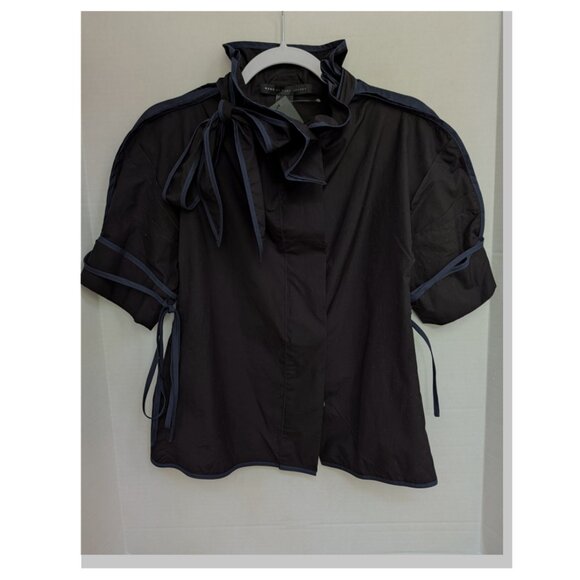 Marc by Marc Jacobs black & blue blouse size 6 w/tie details on collar & sleeves - Picture 1 of 4